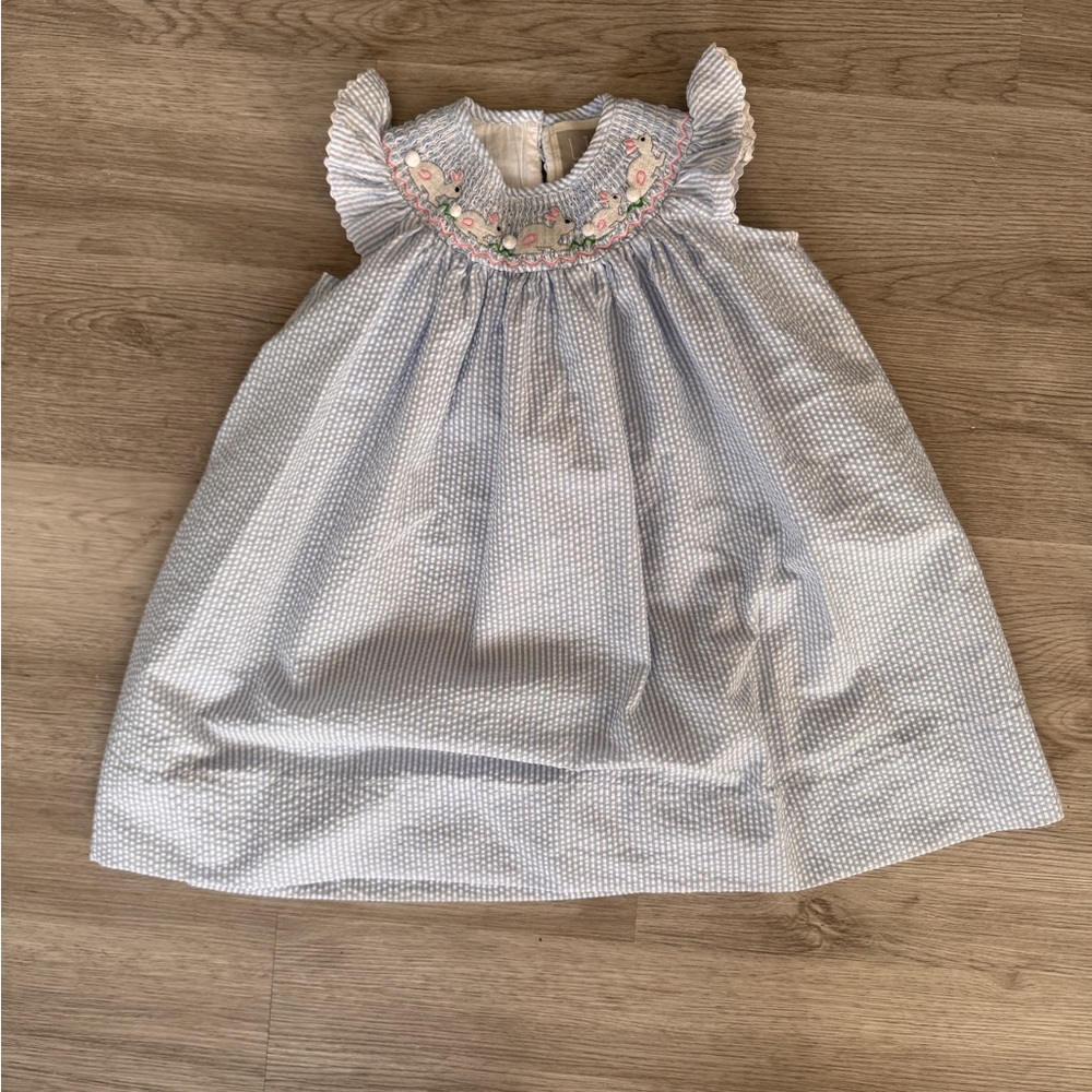 Lil Cactus Easter Dress Blue Seersucker Easter Bunny Smocked Bishop Dress